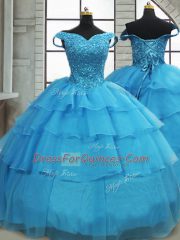 Free and Easy Sleeveless Beading and Ruffled Layers Lace Up Quince Ball Gowns with Baby Blue Brush Train