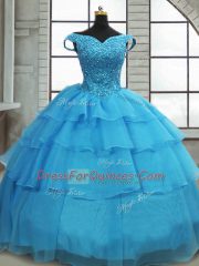Free and Easy Sleeveless Beading and Ruffled Layers Lace Up Quince Ball Gowns with Baby Blue Brush Train