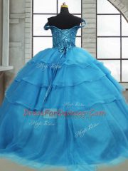 Free and Easy Sleeveless Beading and Ruffled Layers Lace Up Quince Ball Gowns with Baby Blue Brush Train