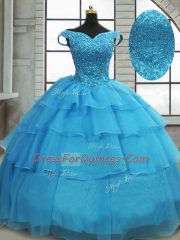 Free and Easy Sleeveless Beading and Ruffled Layers Lace Up Quince Ball Gowns with Baby Blue Brush Train