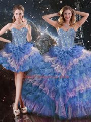 Captivating Multi-color Quinceanera Gown Military Ball and Sweet 16 and Quinceanera with Beading and Ruffled Layers and Sequins Sweetheart Sleeveless Lace Up