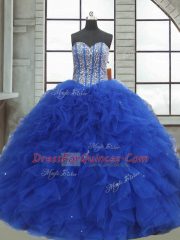 Hot Sale Sleeveless Lace Up Floor Length Beading and Ruffles and Sequins 15 Quinceanera Dress