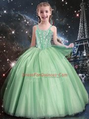 Superior Straps Sleeveless Kids Formal Wear Floor Length Beading Apple Green Tulle