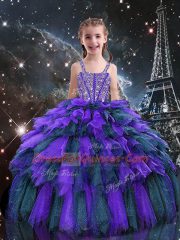 Eggplant Purple Sleeveless Beading and Ruffles Floor Length Little Girls Pageant Dress