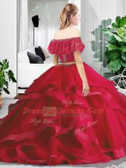 Red Tulle Lace Up Sweet 16 Dresses Sleeveless Floor Length Lace and Ruffles