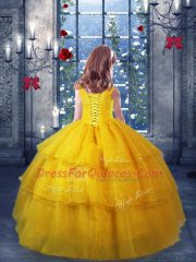 Floor Length Gold Kids Formal Wear Organza Sleeveless Ruffled Layers