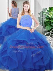 Blue Scoop Zipper Lace and Ruffles 15th Birthday Dress Sleeveless