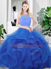 Blue Scoop Zipper Lace and Ruffles 15th Birthday Dress Sleeveless