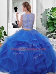Blue Scoop Zipper Lace and Ruffles 15th Birthday Dress Sleeveless