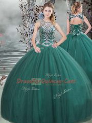 Unique Scoop Sleeveless Lace Up Quinceanera Dresses Dark Green Tulle