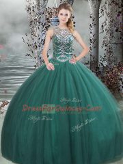 Unique Scoop Sleeveless Lace Up Quinceanera Dresses Dark Green Tulle