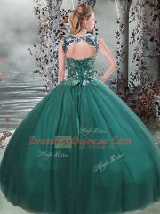 Unique Scoop Sleeveless Lace Up Quinceanera Dresses Dark Green Tulle