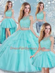 Aqua Blue Scoop Clasp Handle Lace and Sequins Quince Ball Gowns Sleeveless