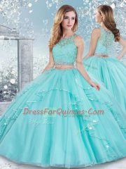 Aqua Blue Scoop Clasp Handle Lace and Sequins Quince Ball Gowns Sleeveless