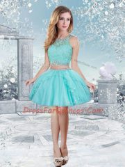 Aqua Blue Scoop Clasp Handle Lace and Sequins Quince Ball Gowns Sleeveless