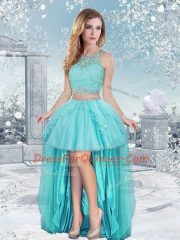 Aqua Blue Scoop Clasp Handle Lace and Sequins Quince Ball Gowns Sleeveless
