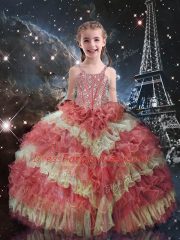 Short Sleeves Floor Length Beading and Ruffled Layers Lace Up Little Girls Pageant Gowns with Watermelon Red