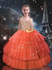 Nice Orange Red Lace Up Straps Beading and Ruffled Layers Little Girls Pageant Dress Tulle Short Sleeves