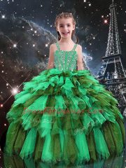 Straps Sleeveless Tulle Little Girl Pageant Gowns Beading and Ruffles Lace Up