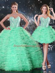 Chic Floor Length Apple Green Quince Ball Gowns Organza Sleeveless Beading and Ruffled Layers