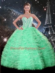 Chic Floor Length Apple Green Quince Ball Gowns Organza Sleeveless Beading and Ruffled Layers