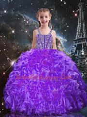 Classical Floor Length Eggplant Purple Pageant Gowns For Girls Organza Sleeveless Beading and Ruffles