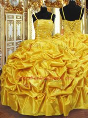 Unique Gold Ball Gowns Beading and Pick Ups 15th Birthday Dress Lace Up Taffeta Sleeveless Floor Length