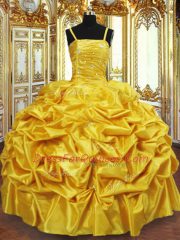 Unique Gold Ball Gowns Beading and Pick Ups 15th Birthday Dress Lace Up Taffeta Sleeveless Floor Length