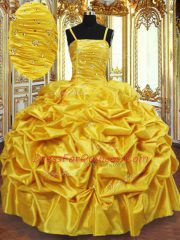 Unique Gold Ball Gowns Beading and Pick Ups 15th Birthday Dress Lace Up Taffeta Sleeveless Floor Length
