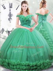 Chic Off The Shoulder Sleeveless Brush Train Lace Up Quince Ball Gowns Turquoise Fabric With Rolling Flowers