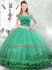 Chic Off The Shoulder Sleeveless Brush Train Lace Up Quince Ball Gowns Turquoise Fabric With Rolling Flowers