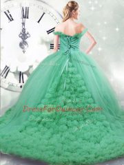 Chic Off The Shoulder Sleeveless Brush Train Lace Up Quince Ball Gowns Turquoise Fabric With Rolling Flowers