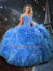 Baby Blue Sweetheart Lace Up Beading and Ruffles Ball Gown Prom Dress Sleeveless