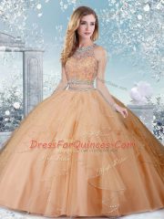 Flirting Champagne Sleeveless Tulle Clasp Handle Quinceanera Gown for Military Ball and Sweet 16 and Quinceanera
