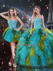 Floor Length Lace Up Ball Gown Prom Dress Multi-color for Military Ball and Sweet 16 and Quinceanera with Beading and Ruffles