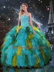 Floor Length Lace Up Ball Gown Prom Dress Multi-color for Military Ball and Sweet 16 and Quinceanera with Beading and Ruffles