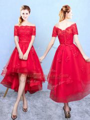 Perfect A-line Quinceanera Dama Dress Wine Red Off The Shoulder Organza Half Sleeves High Low Lace Up