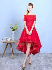 Perfect A-line Quinceanera Dama Dress Wine Red Off The Shoulder Organza Half Sleeves High Low Lace Up