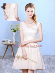 Sleeveless Chiffon Knee Length Lace Up Vestidos de Damas in Champagne with Ruching