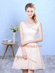 Sleeveless Chiffon Knee Length Lace Up Vestidos de Damas in Champagne with Ruching