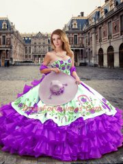 Luxurious Eggplant Purple Sweetheart Lace Up Embroidery and Ruffled Layers Vestidos de Quinceanera Sleeveless