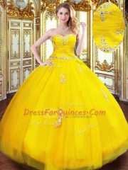 Gold Quinceanera Gown Military Ball and Sweet 16 and Quinceanera with Beading and Appliques Sweetheart Sleeveless Lace Up