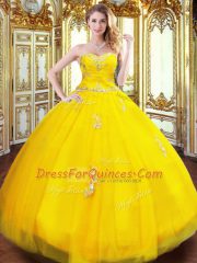 Gold Quinceanera Gown Military Ball and Sweet 16 and Quinceanera with Beading and Appliques Sweetheart Sleeveless Lace Up
