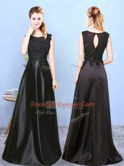 Luxurious Floor Length Black Damas Dress Satin Sleeveless Beading