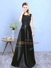 Luxurious Floor Length Black Damas Dress Satin Sleeveless Beading