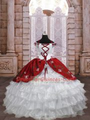 Spaghetti Straps Sleeveless Little Girls Pageant Dress Wholesale Floor Length Embroidery and Ruffled Layers White And Red Taffeta