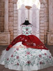 Spaghetti Straps Sleeveless Little Girls Pageant Dress Wholesale Floor Length Embroidery and Ruffled Layers White And Red Taffeta