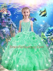 Fantastic Apple Green Ball Gowns Organza Straps Sleeveless Beading and Ruffles Floor Length Lace Up Kids Pageant Dress