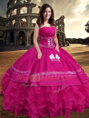 Nice Hot Pink Taffeta Zipper Strapless Sleeveless Floor Length Quinceanera Gowns Embroidery and Ruffled Layers