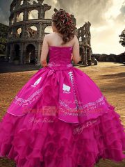 Nice Hot Pink Taffeta Zipper Strapless Sleeveless Floor Length Quinceanera Gowns Embroidery and Ruffled Layers